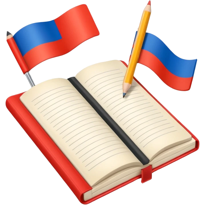 book with Russian flag colors, open notebook and pencil nearby emoji