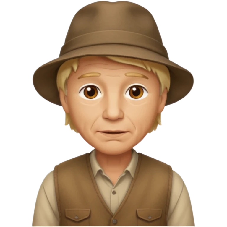 create an emoji of a man with wrinkles. he has an adventurer look, with short blonde hair, brown eyes, slightly tanned skin, natural lips. he wears a brown vest with a fisher hat emoji