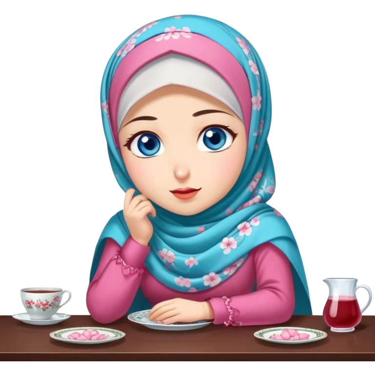Turkish beautiful finish Konya girl blue eyes with cherry blossom floral hijab islamic dress and with yummy Drooling face on the table emoji
