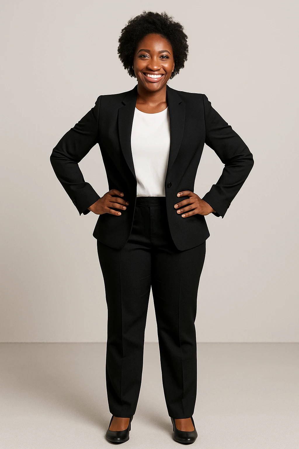 black woman in a smart suit and shoes, smiling, hands on hips, minimal background emoji