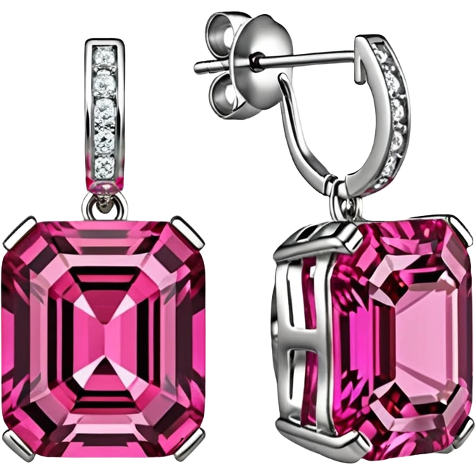 Isolated, 3d rendering, sparkling, vibrant and bold, hyperrealistic Lab Created Hydrothermal Rubellite, Asscher, earrings emoji