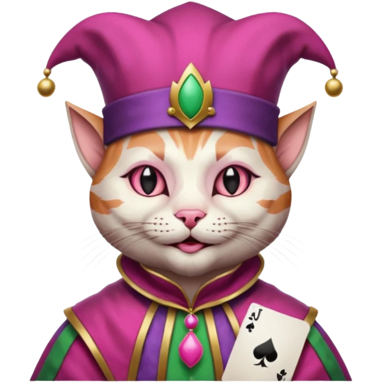 court jester cat medieval, single poker card joker clearly visible, pink, face only, round badge,  court jester cap emoji