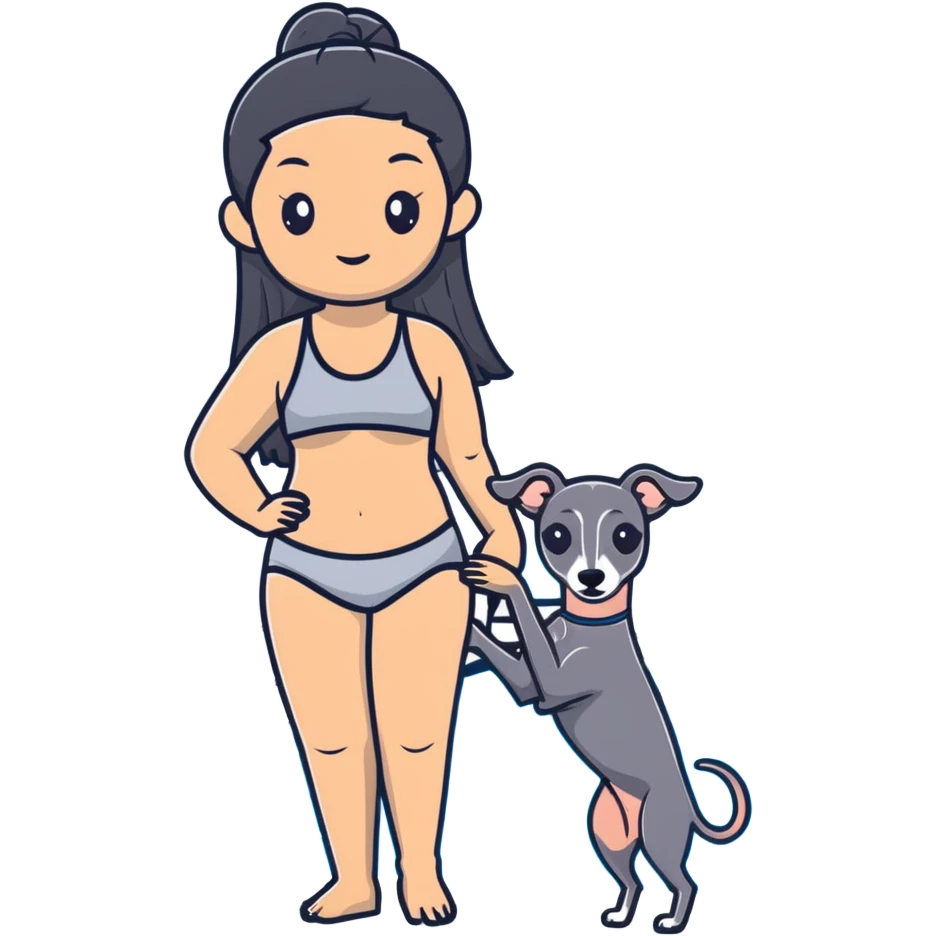Slim Chinese woman with long black hair in pool attire at an indoor swimming pool with her Italian greyhound that is COMPLETELY and ENTIRELY solid dark grey, with ABSOLUTELY ZERO white markings anywhere on its entire body including face, nose, chest, paws - 100% uniform dark grey color only emoji