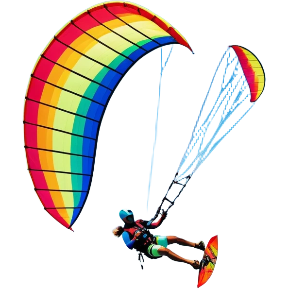 A vibrant kite soaring high in the sky, attached to a kiteboarder riding the waves below. The scene is filled with bright colors, capturing the energy of the sport. The background features the ocean, wind-blown waves, and a clear sky, showcasing the excitement and freedom of kiting. emoji