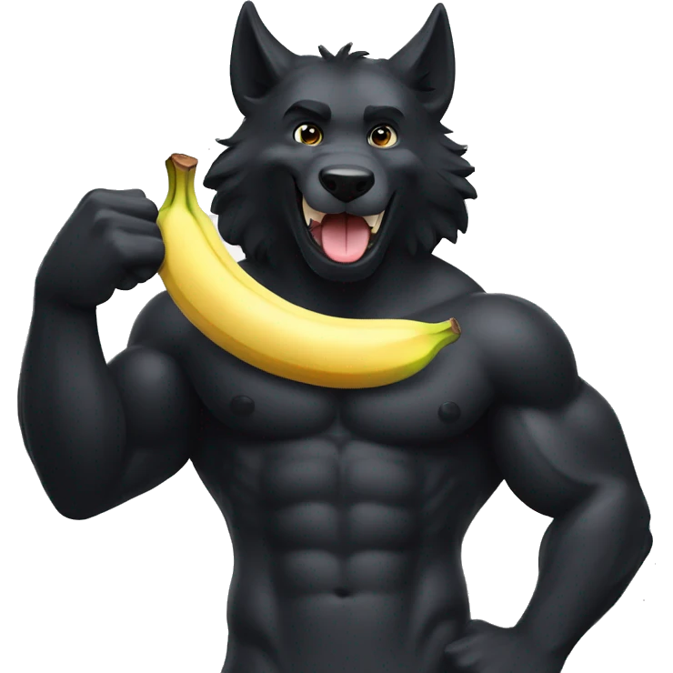 Big black wolf are showing bicep, smiling and eating banana yogurt emoji