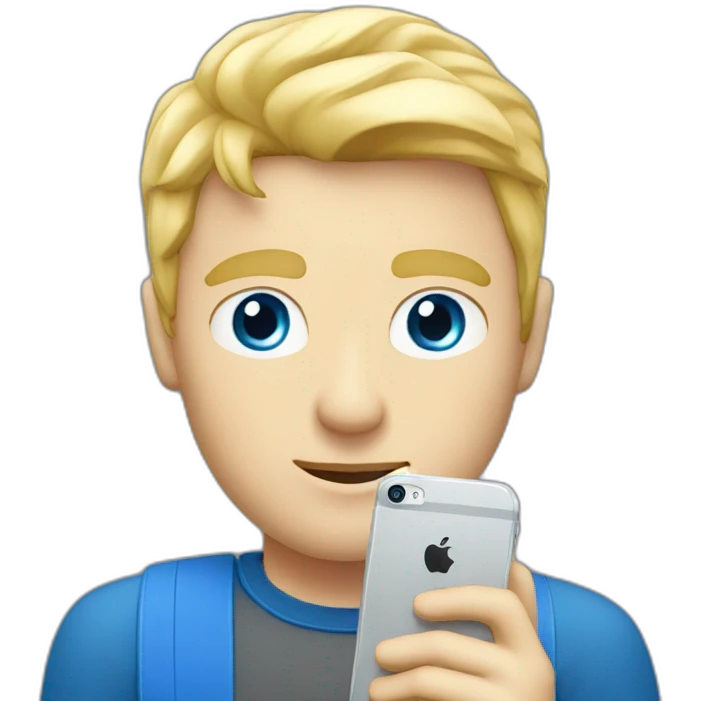blonde guy tech reviewer with blue eyes holding an iphone 15 emoji
