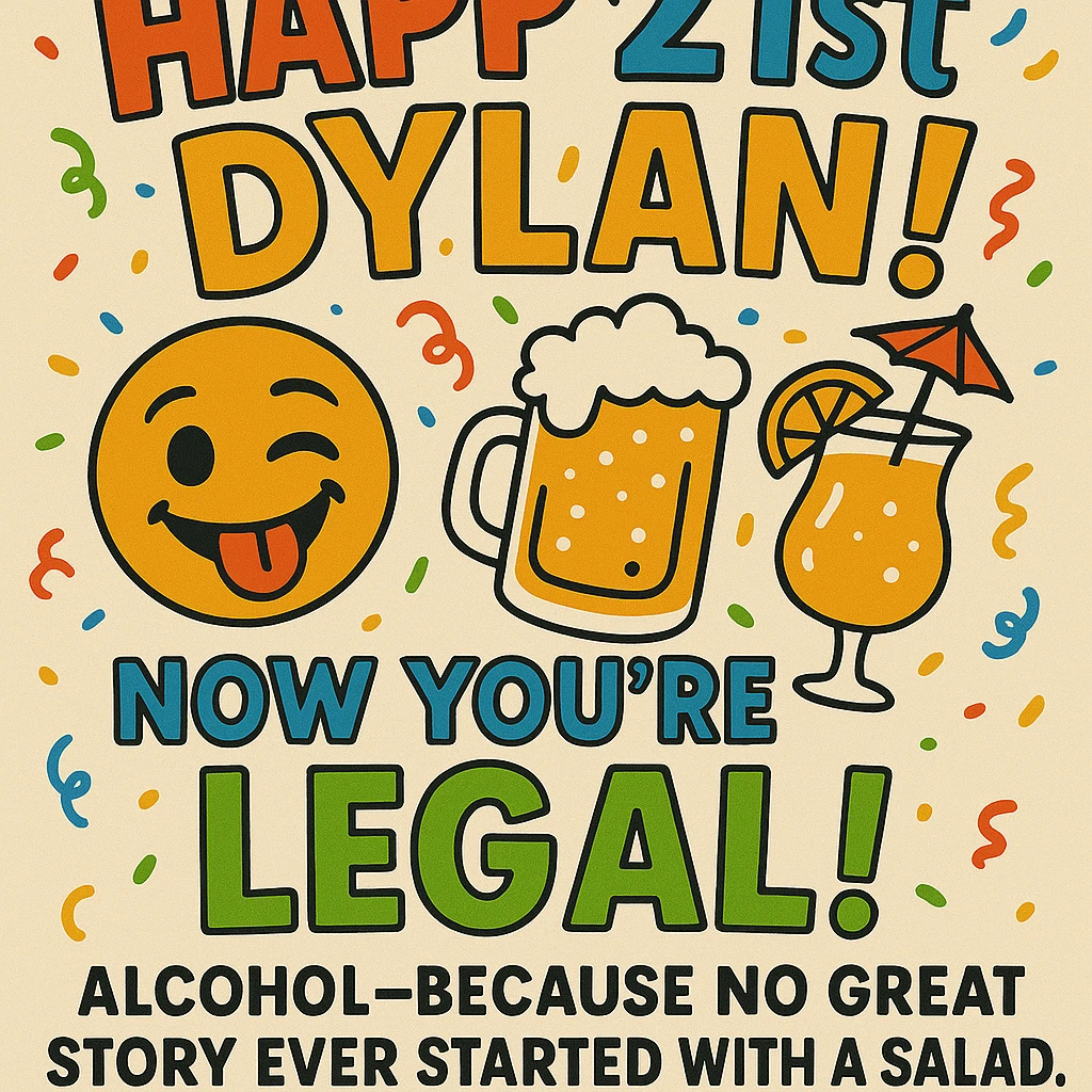 Add the funny drink quote: 'Alcohol—because no great story ever started with a salad.' Keep all original graphics and style. emoji