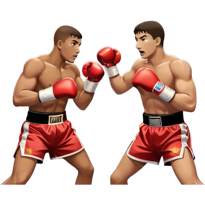  a high-stakes boxing match for the world championship title. Two professional boxers, wearing gloves and championship belts, exchange powerful punches in the center of the ring. The background features a packed arena with bright lights, a roaring crowd, and the championship banner hanging above.  emoji