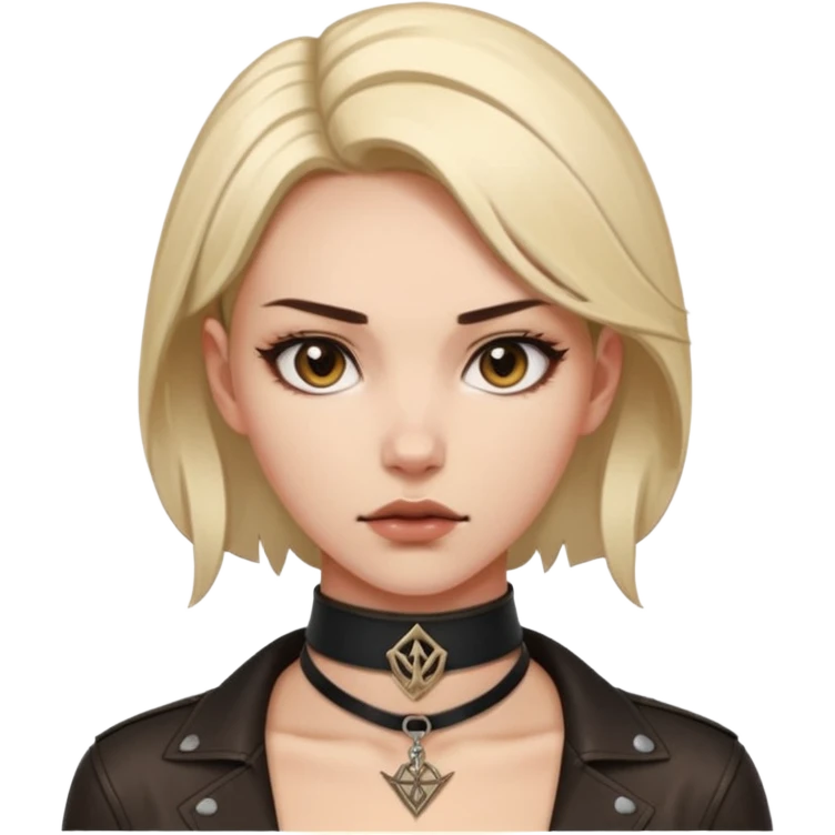 Leather choker with sigil around woman’s neck, pulse visible, dominance tone emoji
