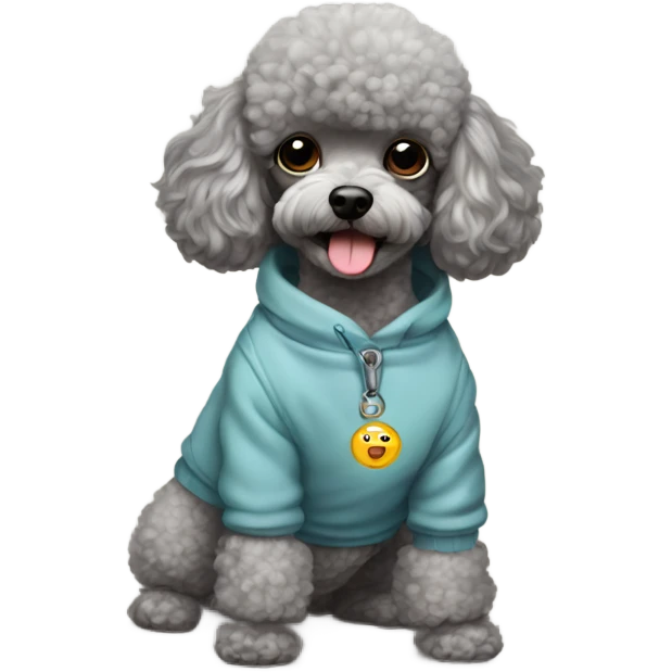 Gray toy poodle with a sweatshirt and the name Louie on his tag emoji