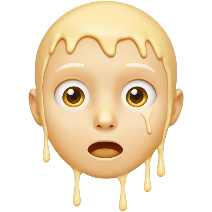 surprised face, classic emoji, 😮, yellow circular, genderless, hairless, white cream dripping from cheeks, white cream in mouth emoji