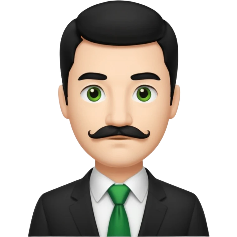 ["Fair-skinned man with black hair and a moustache, wearing a dark suit and green tie."] emoji