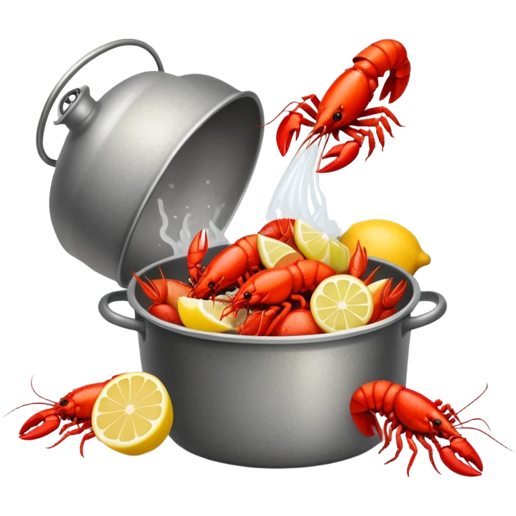 crawfish boil, crawfish spilling from pot, lemon wedges emoji