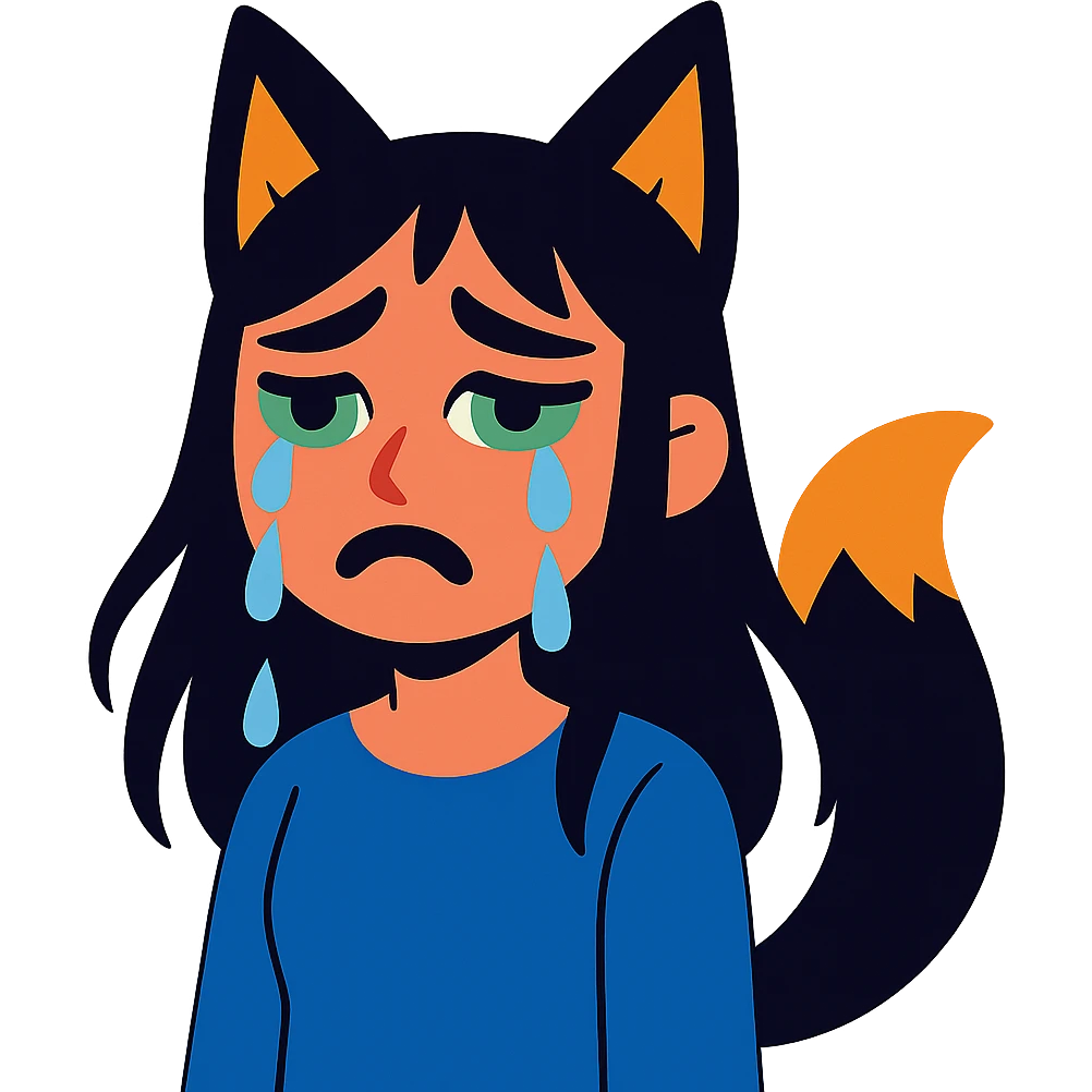 A girl with tears, black fox ears, and a tail, green eyes, dark hair emoji