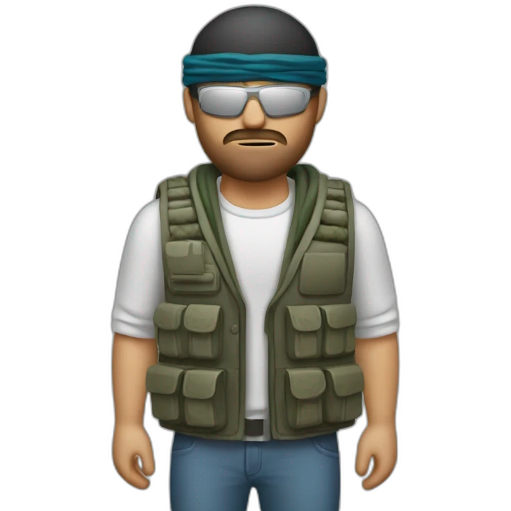 man with shemagh and bulky vest with wires sticking out and a small timer emoji