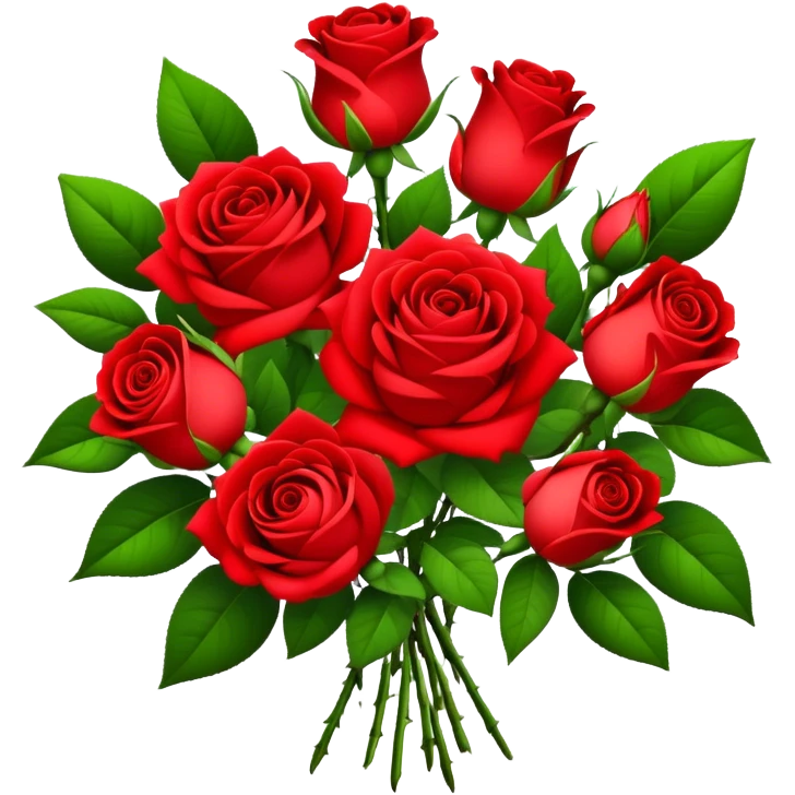 big bouquet Bright Red Tea Rose, luxuriant, leaf, bud emoji