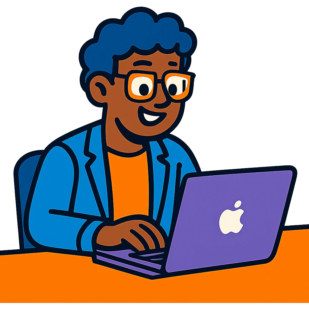 a person sitting in front of a MacBook laptop, typing, office environment, colorful cartoon style, no background emoji
