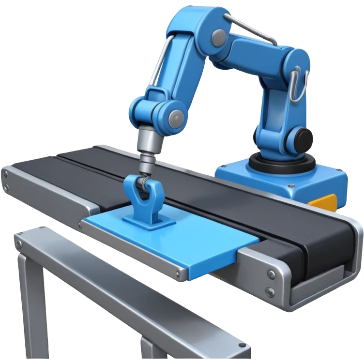 robot arm which is picking blue block on conveyor belt emoji