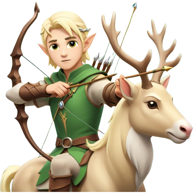clash-of-clans-aesthetic-blond-male elf-archer-portrait-emoji, rendered in a flat, vector-style with minimal shading and bold holding his bow, simplified shapes, head tilted slightly forward with a determined, focused expression, riding a majestic white stag whose antlers glow with mystical energy, set against an ancient, enchanted forest backdrop. emoji