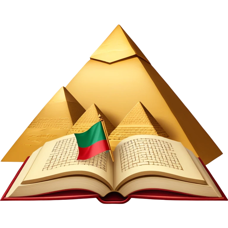 An icon featuring the Pyramids of Giza and the flag of an Arabic-speaking country, symbolizing the Arabic language. The design includes an open book with Arabic script and calligraphy, representing language learning and cultural heritage. Transparent background emoji