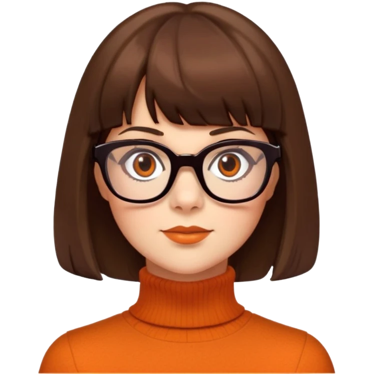 velma dinkley brunette with bangs, brown eyes, square glasses and orange turtle neck from scooby doo  emoji