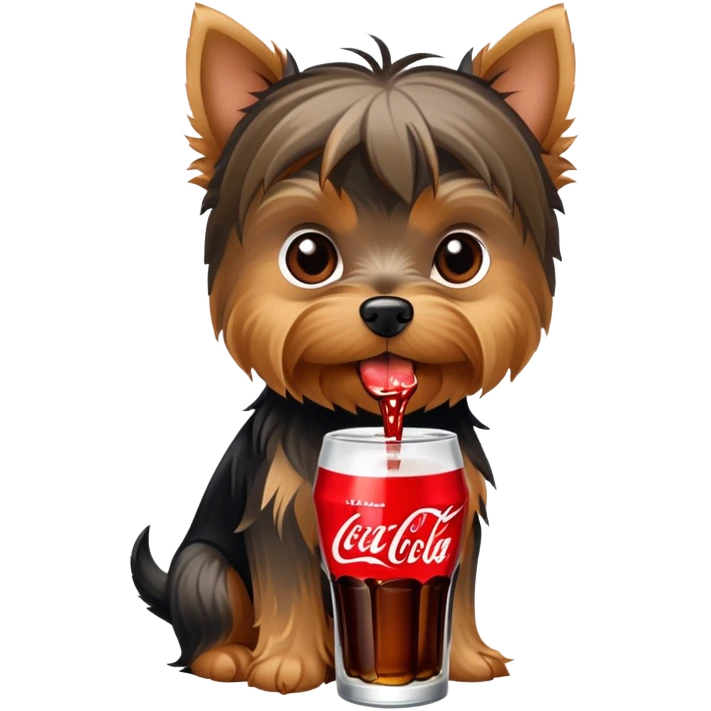Um cachorro yorki descabelada como o diabo da tasmânia tomando coca cola em uma garrafinha de 200ml emoji