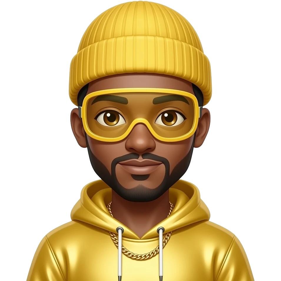 Ali G with brown eyes, black hair, yellow beanie, yellow goggles, yellow metallic sweatshirt, gold necklace emoji