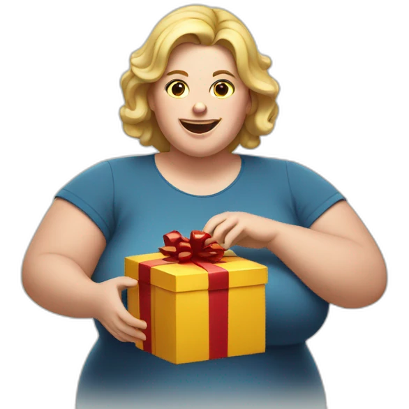 overweight white woman opening a gift emoji