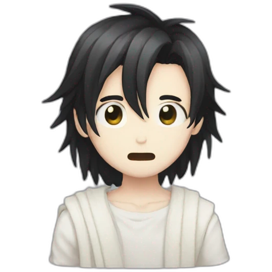 Anime boy who wears bandages all over his face and has long black hair that falls over his eyes emoji
