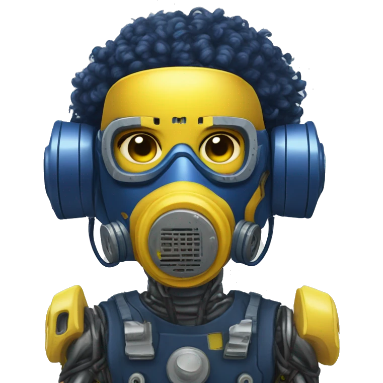 Dark Blue curly hair cyborg head with yellow respirator mask and circuitry emoji