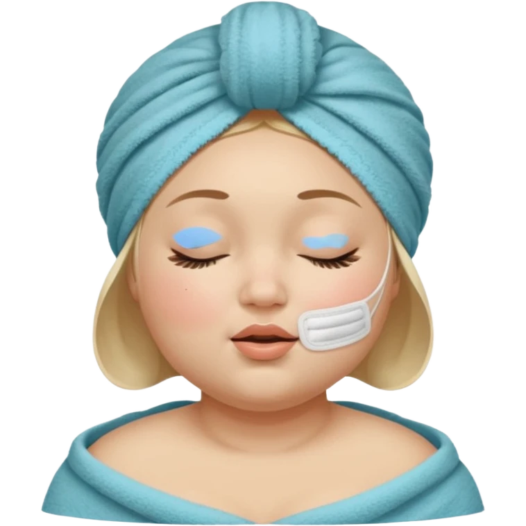 Chica complexion XL cachetona con toalla en la cabeza y mascarilla facial en el rotro con lo ojos cerrados emoji