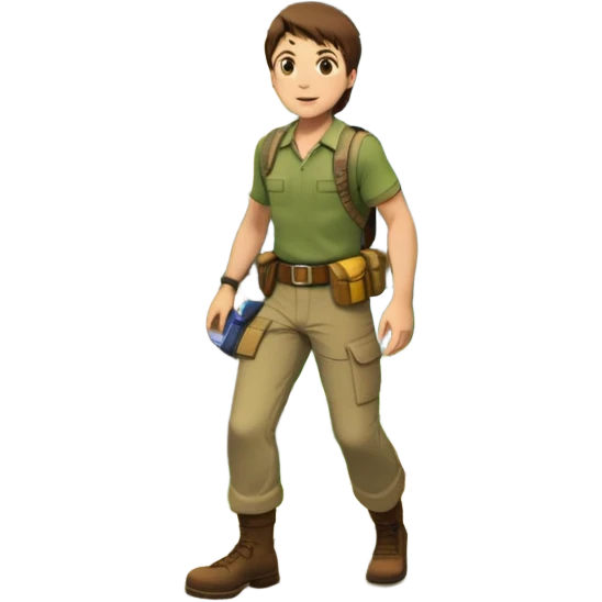 an adventure game, inspired by Uncharted-2. The design features a rugged explorer navigating through ancient ruins, with treasure and obstacles in the background. A dynamic environment with jungle, cliffs, and puzzles highlights the thrill of discovery and action. Transparent background. emoji