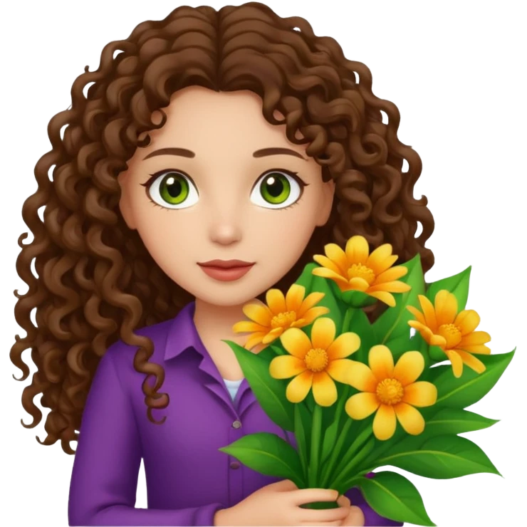 light skinned brunette long curly haired girl with green/hazel eyes holding big bright bunch of flowers. White background. emoji