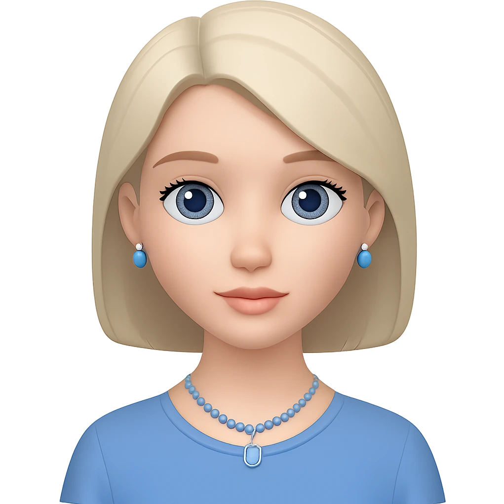 Remove the flower from the hair of a beautiful girl with straight medium-short length light ashy blonde hair, light grayish-blue eyes, pale pink-neutral toned skin, wearing a cornflower blue blouse and silver jewelry. Keep the rest of the emoji the same with no background. The style should match the original emoji's look. emoji