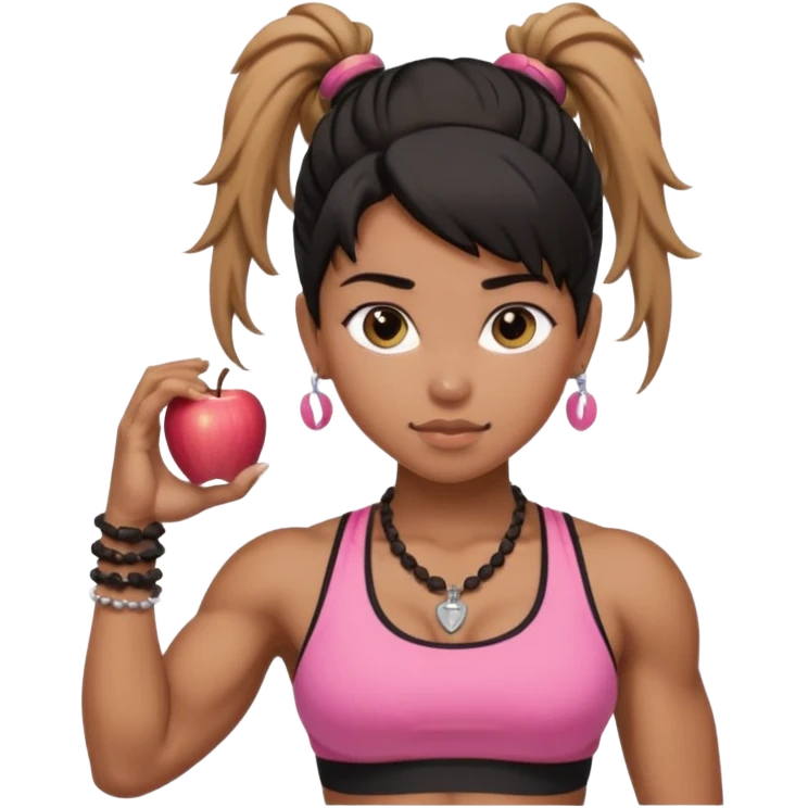 Caramel skinned toned female with a black messy ponytail for hair. Her eyes are a coffee color brown and almond shaped. She’s wearing a pink sports bra and showing off her big muscular toned biceps. She’s not holding anything in her hands but she wears a rosary necklace and an Apple Watch. emoji
