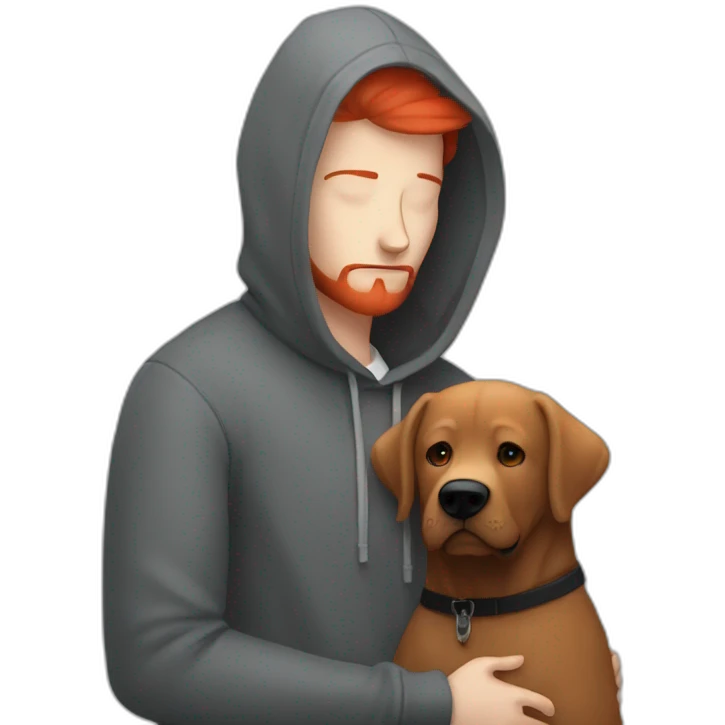 a slender man wearing grey hoodie with a red beard hug a black Labrador emoji