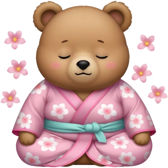 A cute chubby light-brown bear wearing a pastel pink sakura-patterned kimono, body and round head, adorable simple face, sleepy half-closed eyes, small blush on cheeks, sitting while dozing off, tiny “zzz” floating above the head emoji