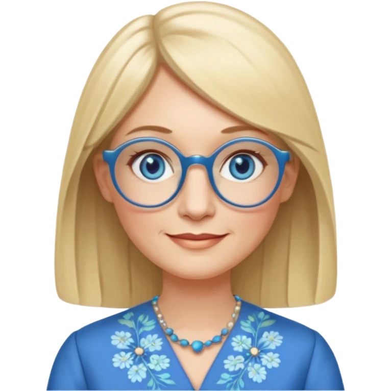 50 yr old white woman, hippie parted very long hair, short bangs, very long straight blond hair, oval face, small smile, blue eyes, thin face, hair downback, hair parted at center of head, round cheeks, pale, longer hair, business dress, long hair, big square glasses emoji