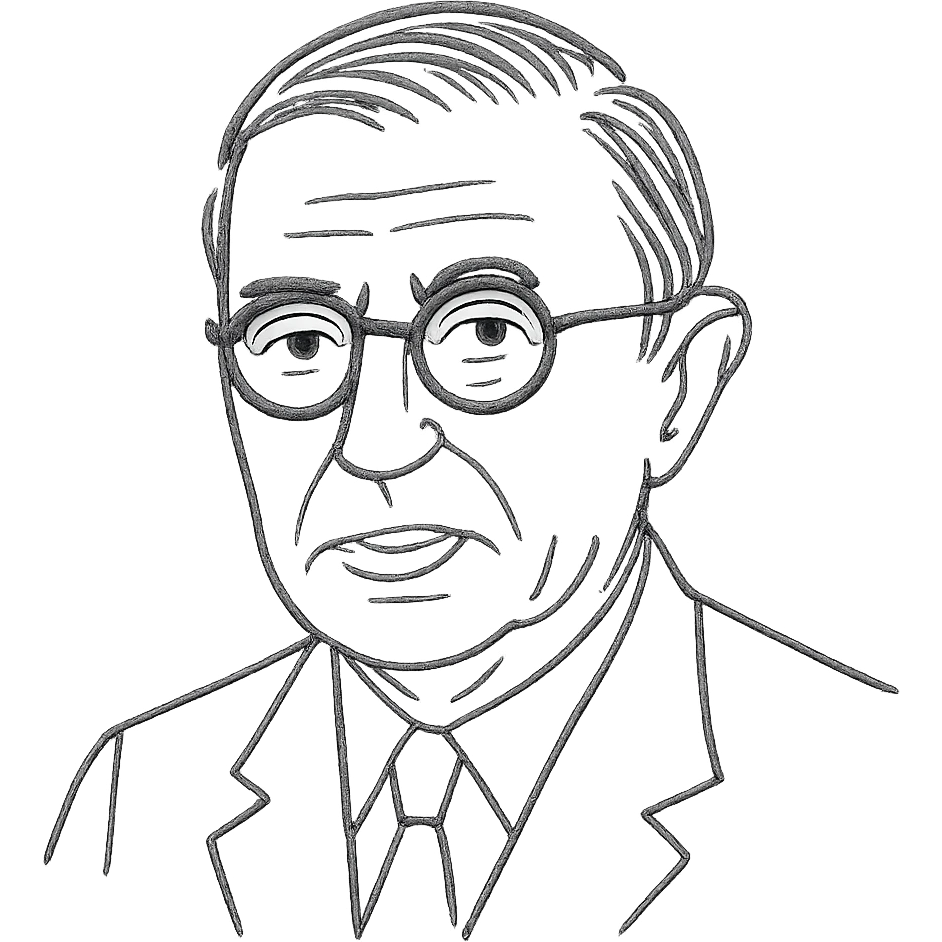 a hand drawn black outline portrait of Jean-Paul Sartre with similar-sized eyes based a famous portrait of him emoji