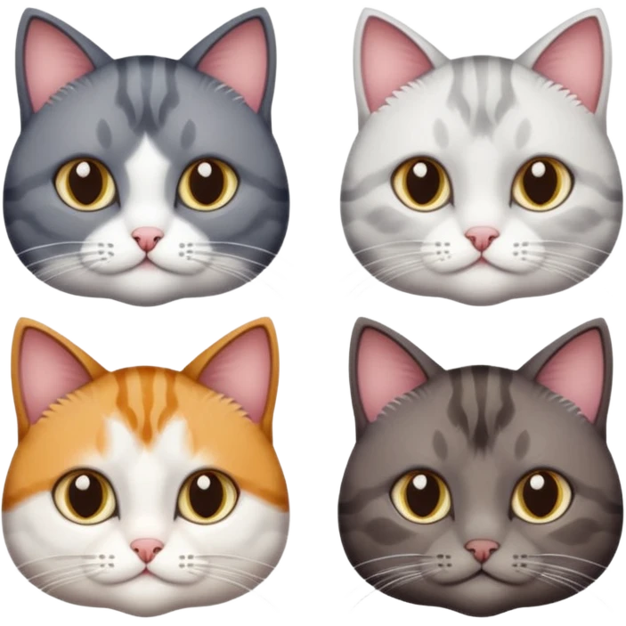 4 different coloured short haired cats including; a dark brown tabby and white cat, and a dark grey and white  emoji
