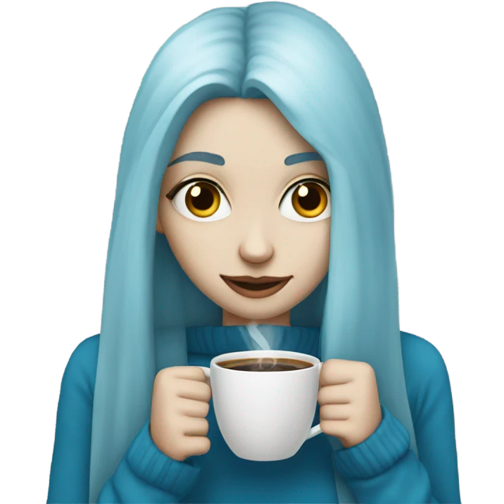 white skin girl with blue long hair drinking coffee emoji