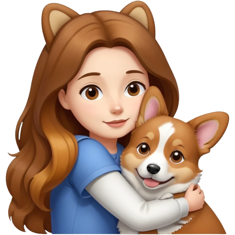 Girl with long brown hair hugs a corgi dog emoji