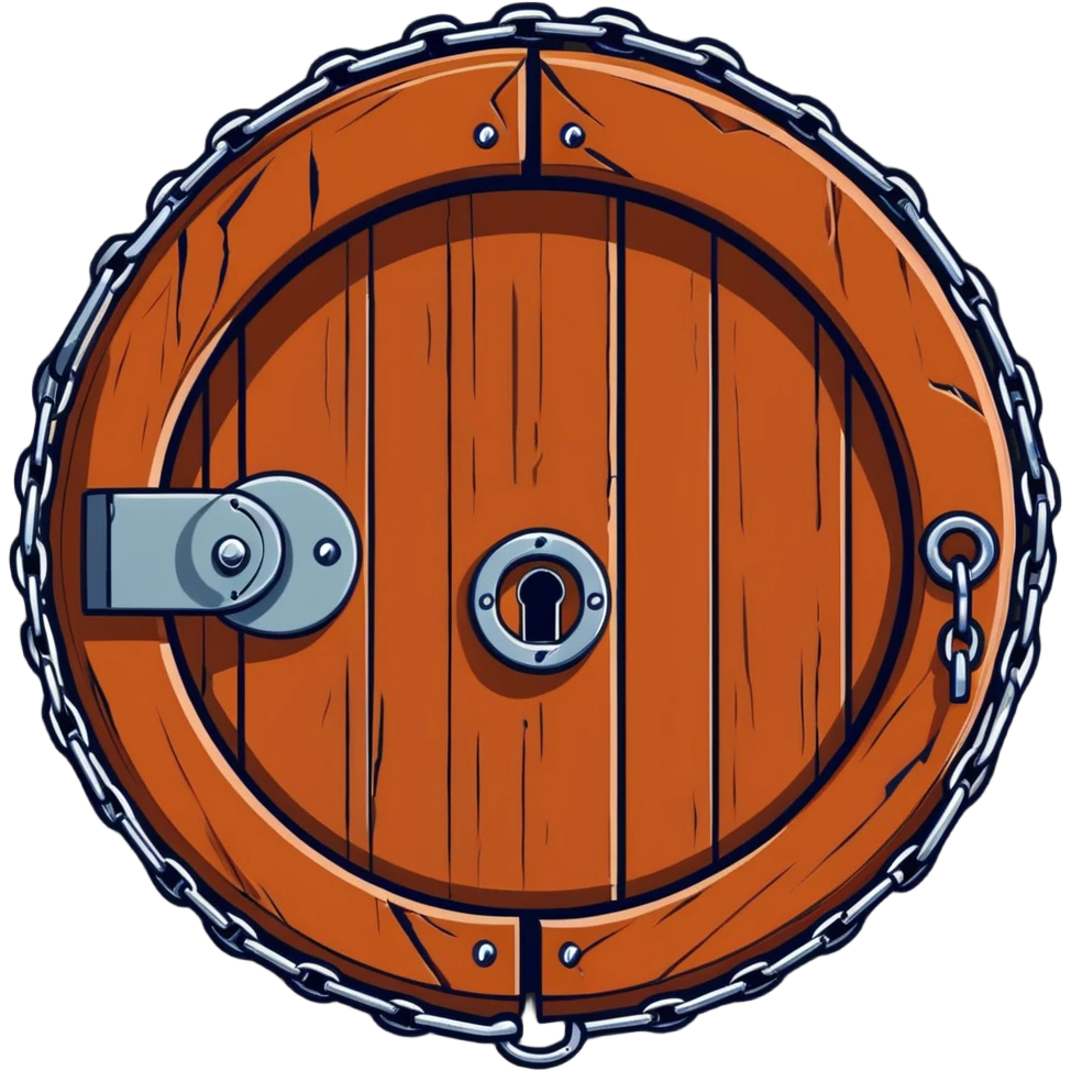 A rusty chain wrapped tightly around a round wooden hobbit-style door with a large padlock emoji