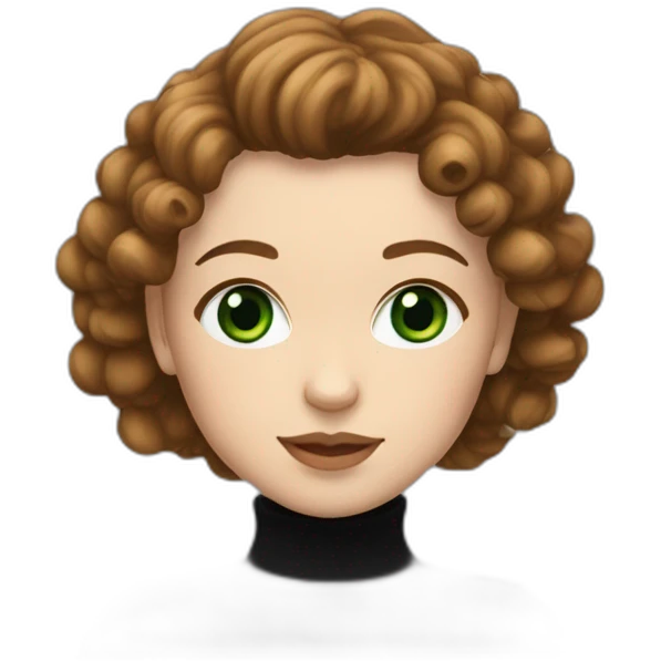 white girl with green eyes and curly brown mullet wearing a black turtleneck with heart eyes emoji