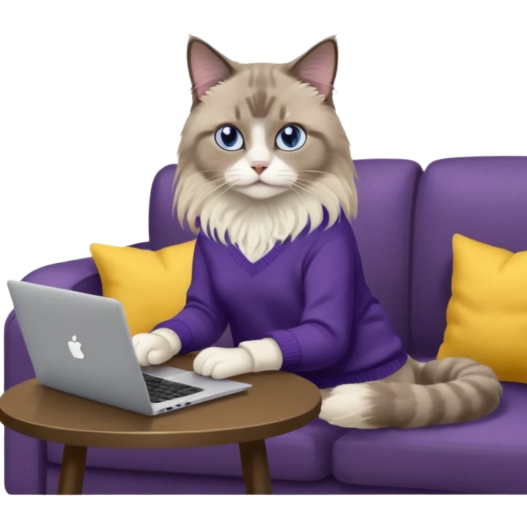 a cute blue eyed brown and white ragdoll cat with white paws and brown and beige tail wearing the dark violet sweater with yellow letteting "Milena" sitting on the grey sofa with grey laptop and drinking coffee emoji