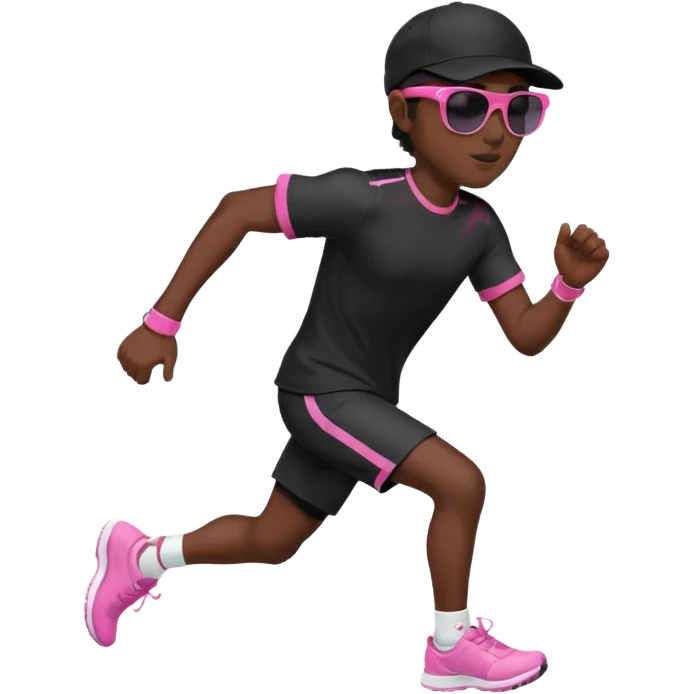 Un uomo che corre vestito completamente di nero, con un cappellino nero, occhiali da sole da bambino rosa emoji