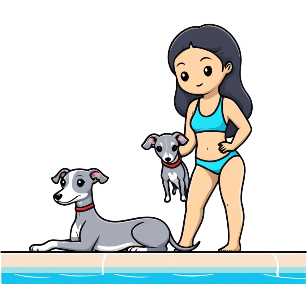 Slim Chinese woman with long black hair in appropriate pool attire at an indoor swimming pool with her Italian greyhound that is COMPLETELY solid grey, with absolutely NO white markings anywhere, single uniform grey color throughout entire dog body emoji
