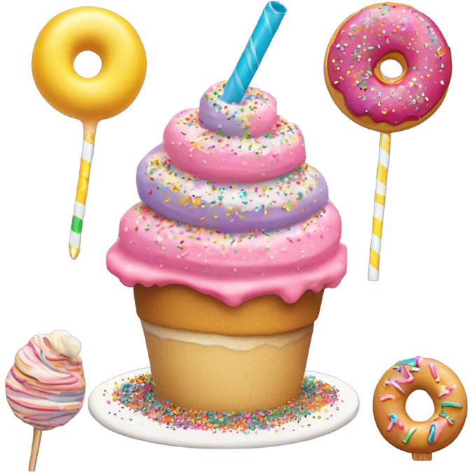a birthday funfetti cake shake topped with a sprinkle donut hole, sprinkle sugar cookie, and swirl lollipop emoji