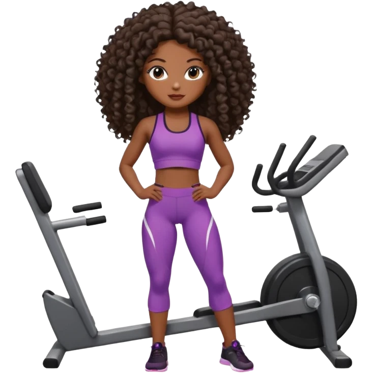 Uma boneca morena escura com olhos castanhos e cabelo cacheado longo até o peito, treinando Gym malhando emoji