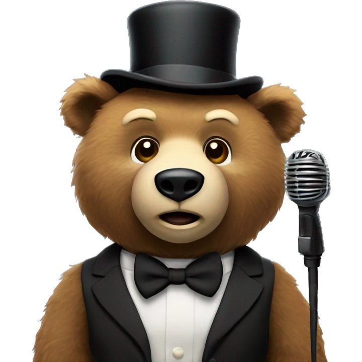 Brown bear animatronic with light brown snout with a black bow tie and a black top hat holding a microphone  emoji